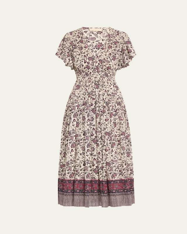Lyria Flutter-Sleeve Floral Midi Dress